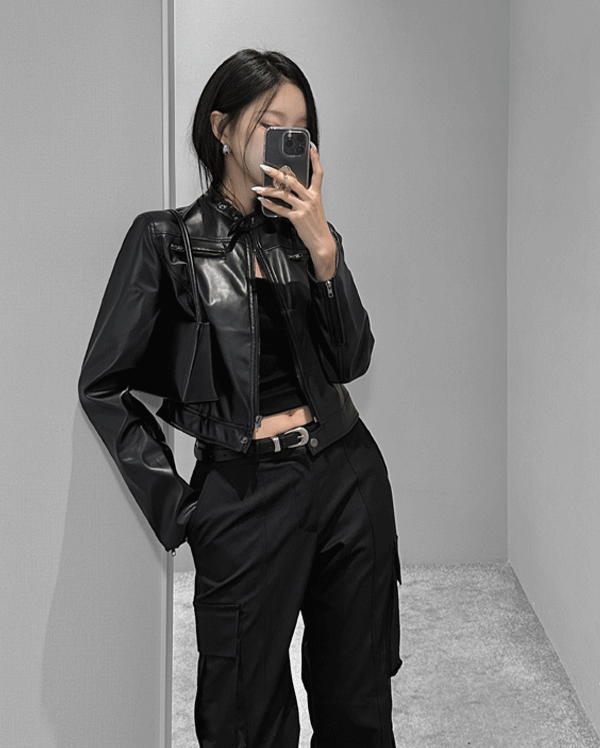 크롭 바이커 레더 자켓