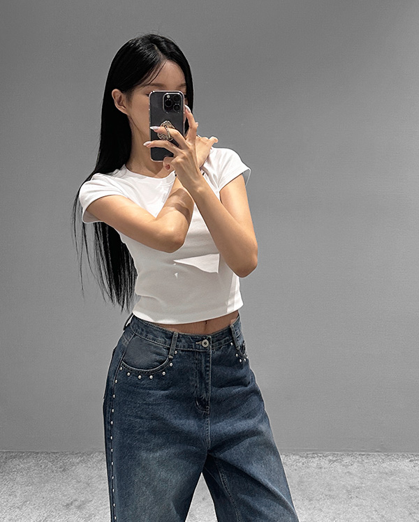 크루넥 반팔 크롭 티셔츠