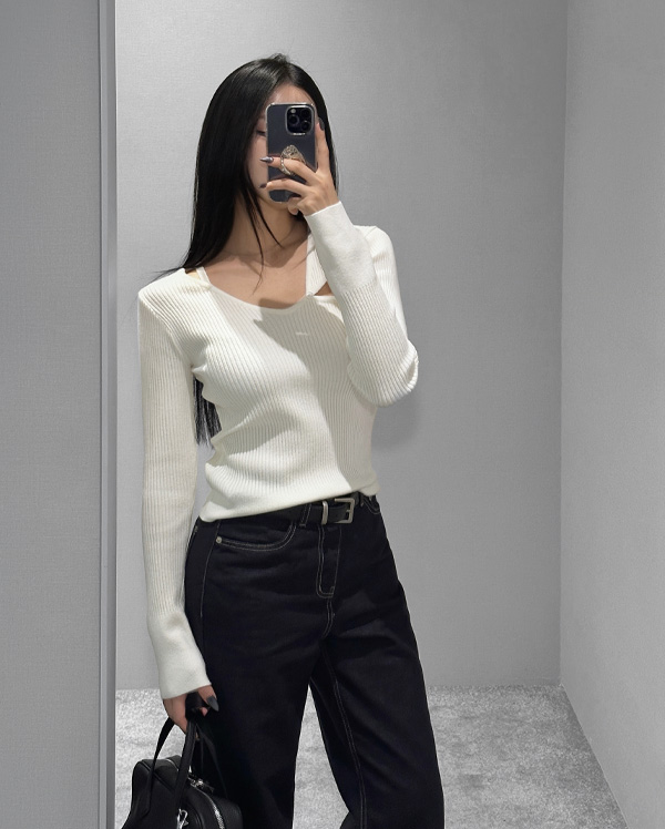 울 컷아웃 골지 니트