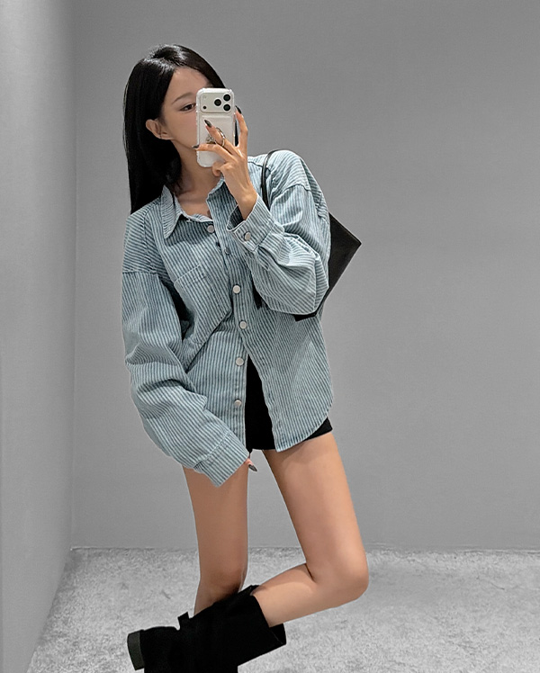 오버핏 스트라이프 데님 셔츠