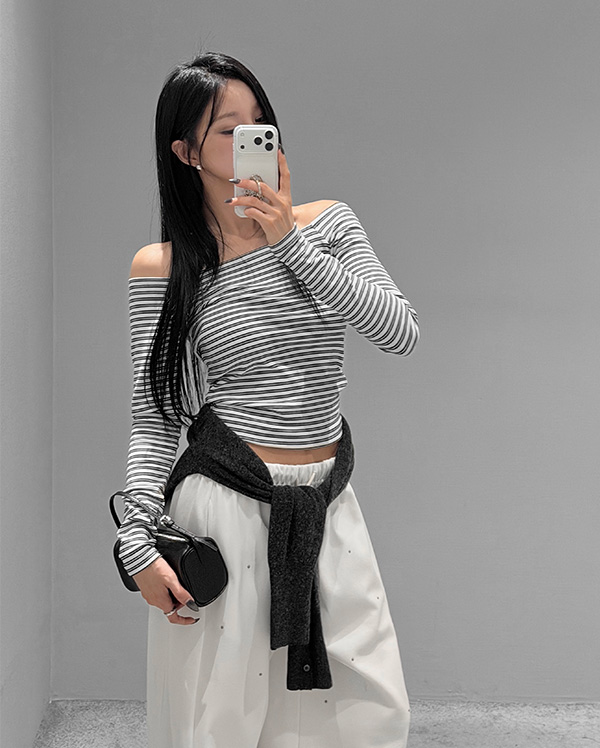 단가라 오프숄더 티셔츠