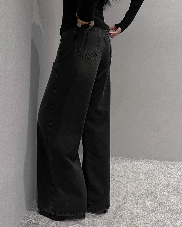 블랙 와이드 절개 데님팬츠