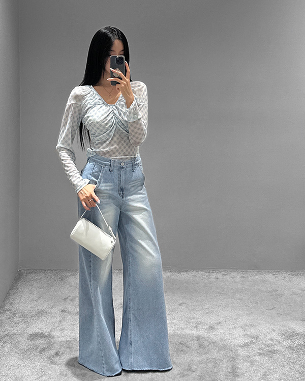 컷팅 데님 와이드 팬츠